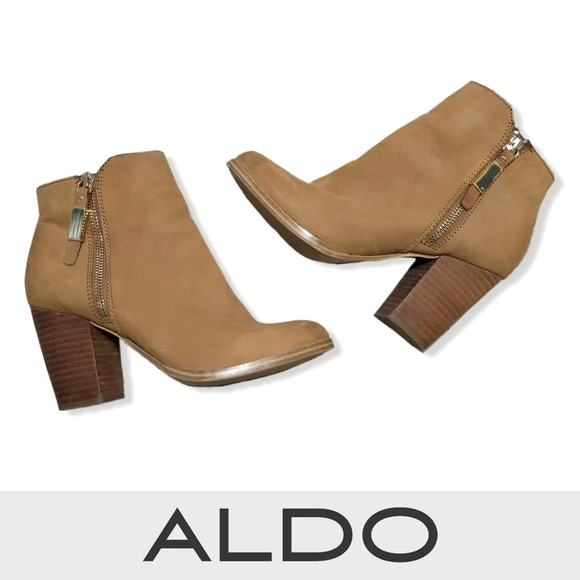 ALDO Mathia Brown Cognac Genuine Suede Block Heel Booties, Pre-loved, Zipper, 7 - Picture 1 of 16